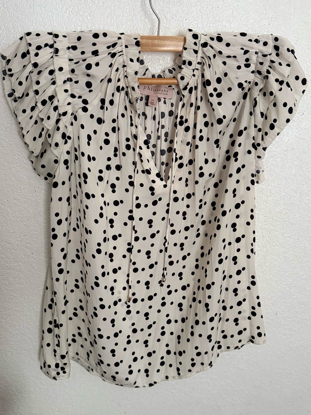 Philosophy Cream and Black Polka Dot Flutter Sleeve Blouse